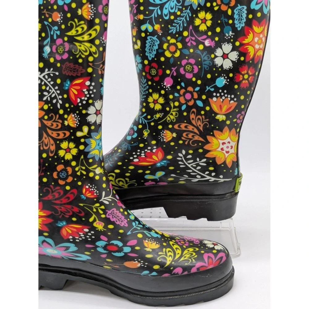 Western Chief Garden Play Rain Boots Womens 6 Black Floral Waterproof Tall